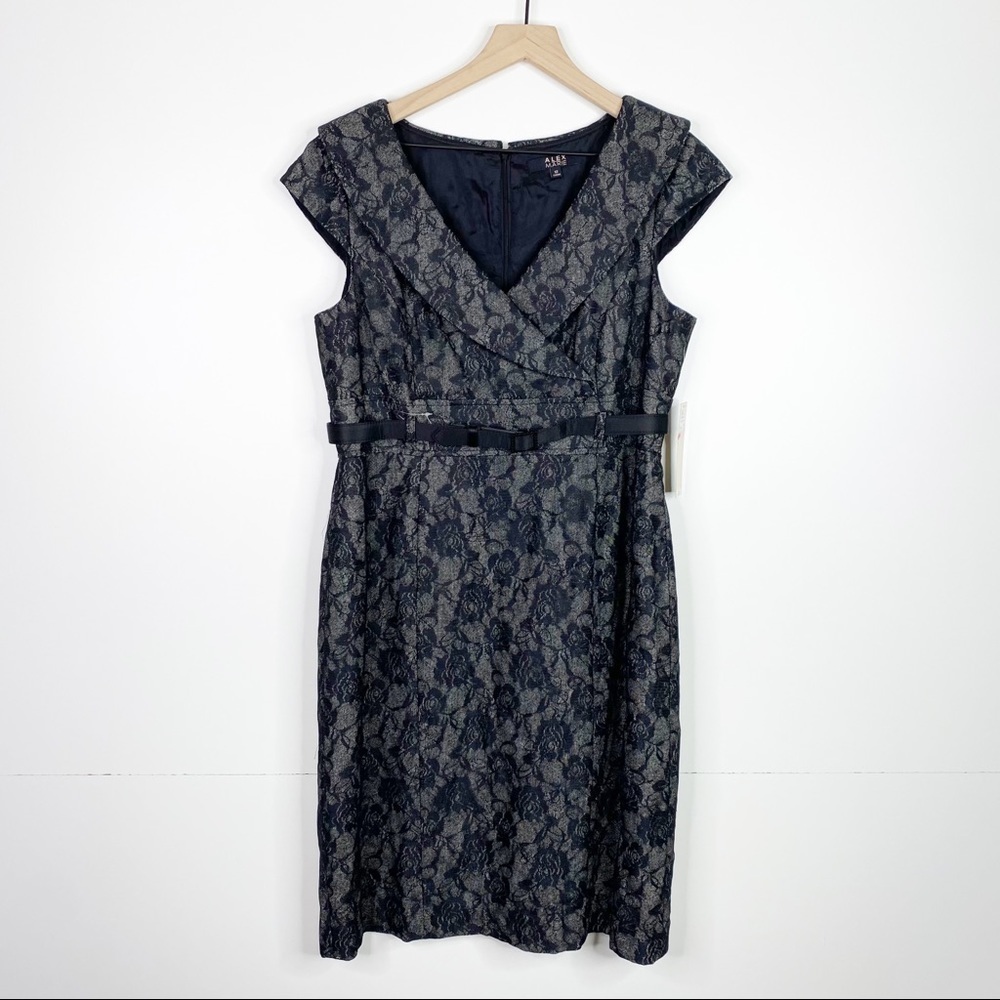 Alex Marie NWT Black Lace Cap Sleeve V Neck Belted Knee Length Shift Dress 12